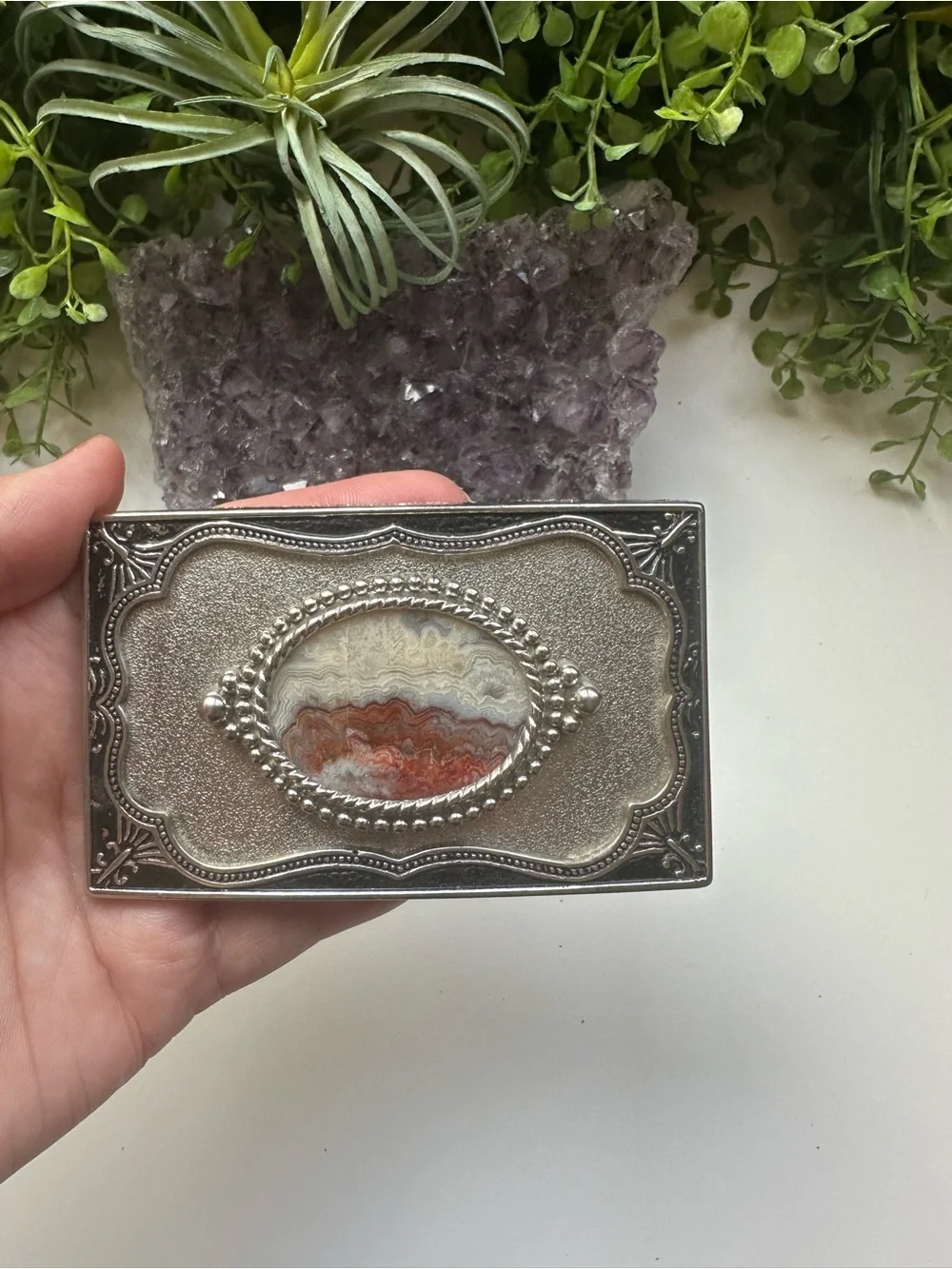 Antique-Style Silver Belt Buckle with Resin Agate Center